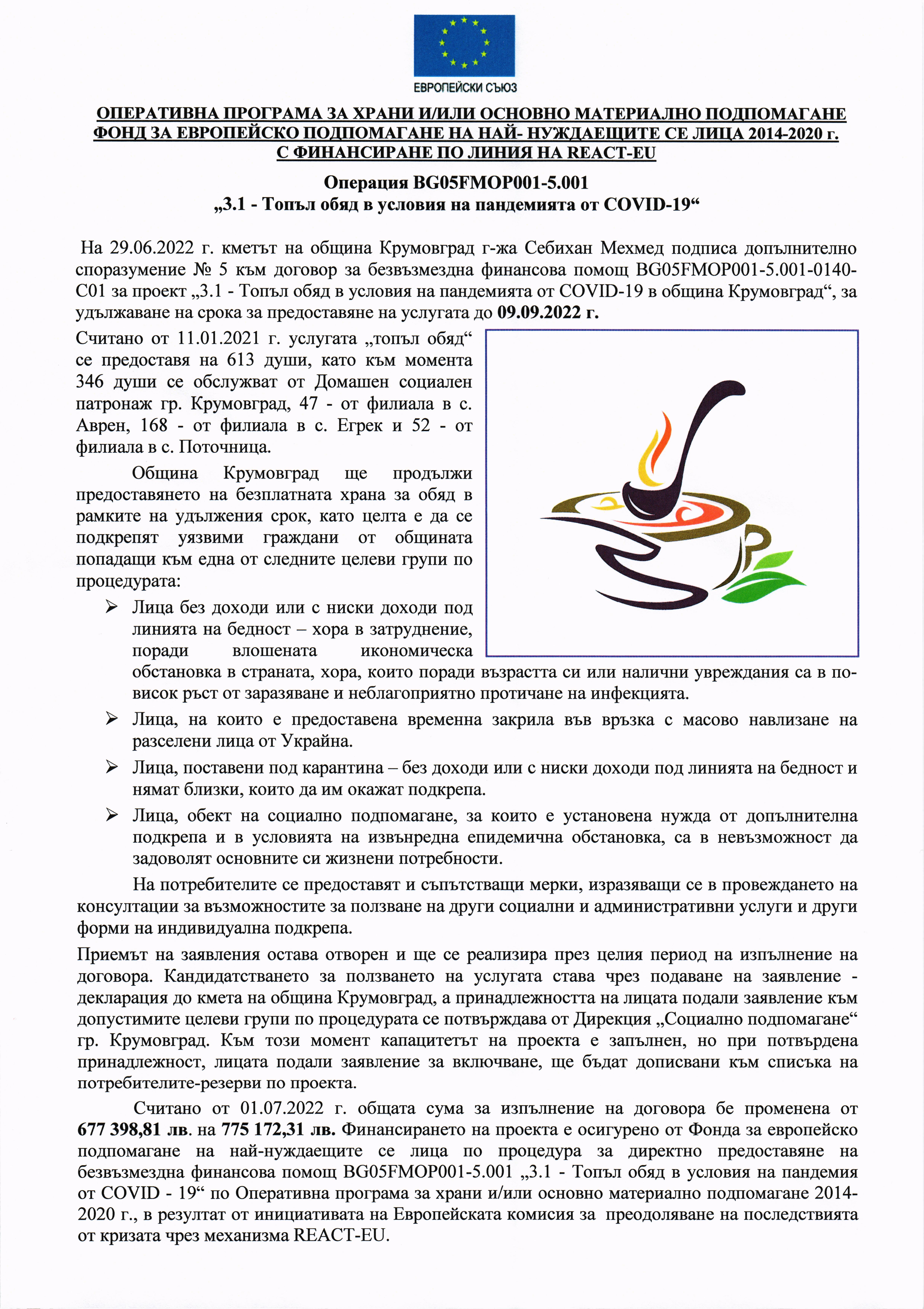 Срокът за предоставяне на социалната услуга топъл обяд се удължава до 09.09.2022