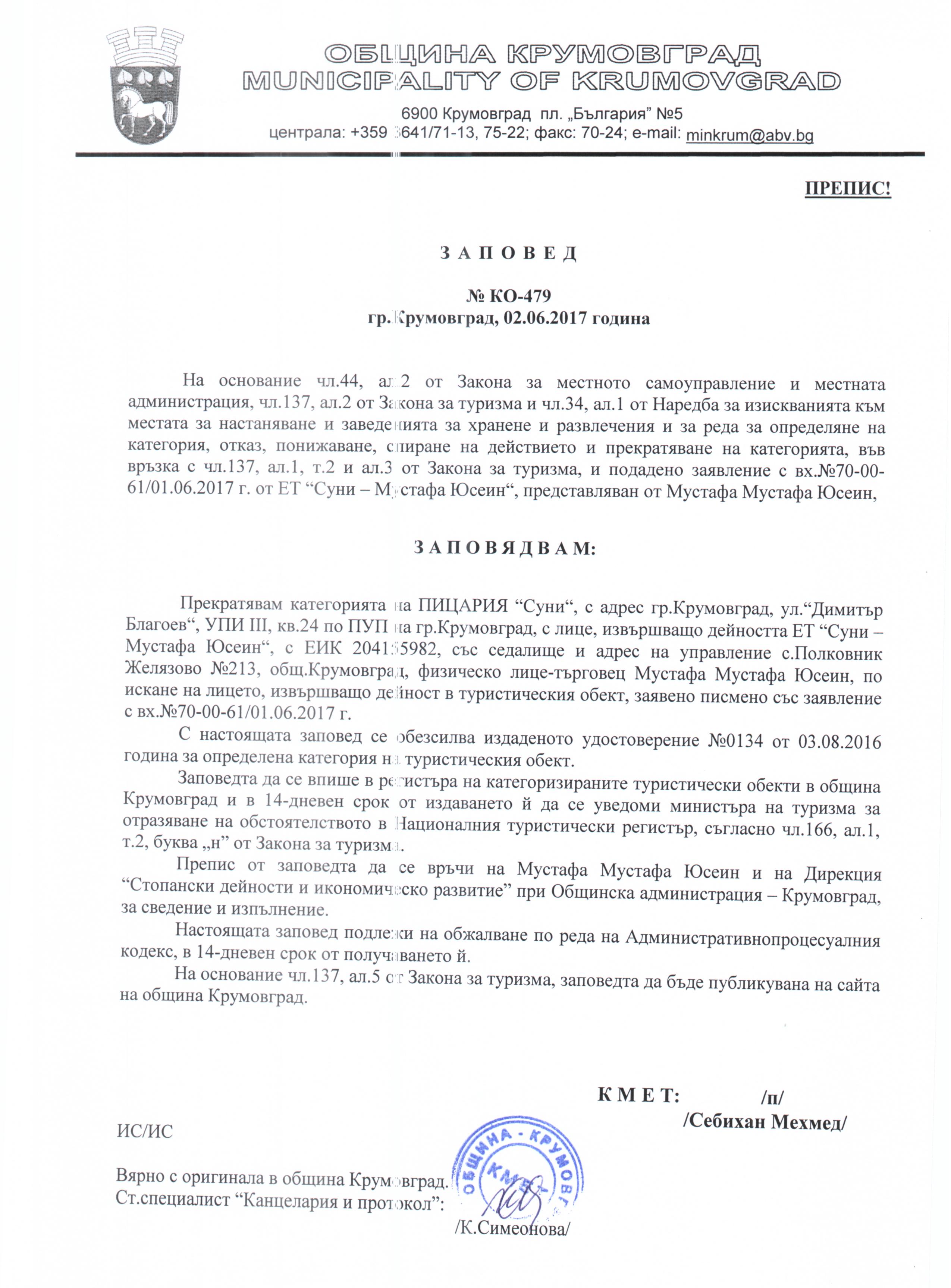 Zapoved za prekatyavane kategoriya ZHR